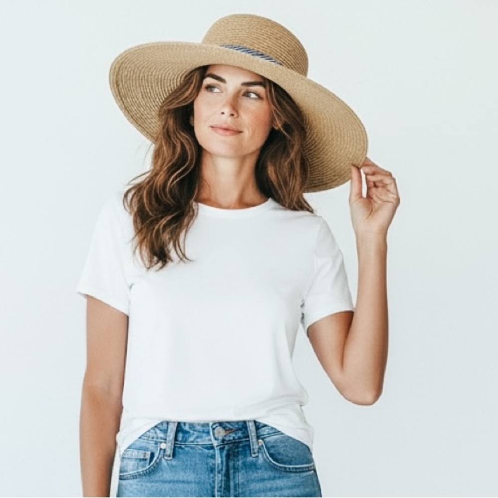 NWT Banana Republic Wide Brim Straw Hat with Blue and White Ribbon Detail